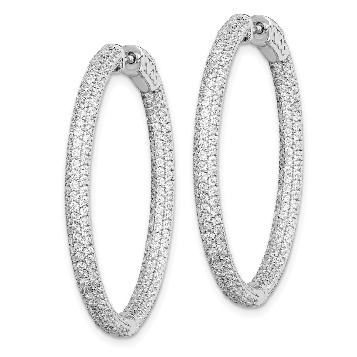 Sterling Silver Hoop Earrings with Triple-Row Pavé Cubic Zirconia and Inner Edge Detailing