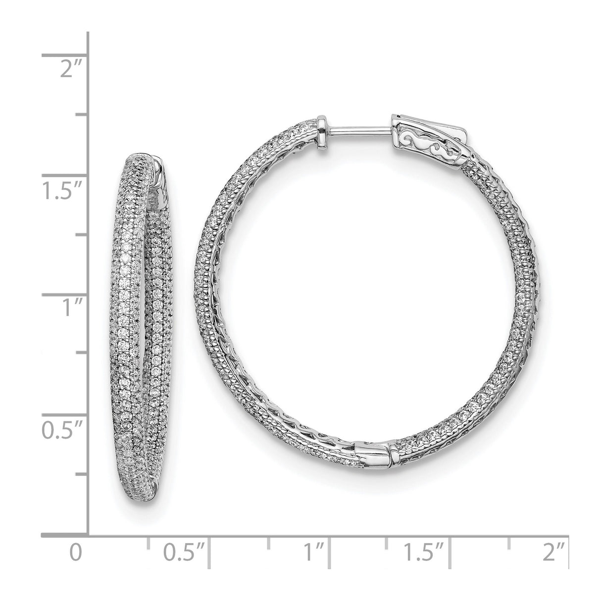 Sterling Silver Hoop Earrings with Triple-Row Pavé Cubic Zirconia and Inner Edge Detailing