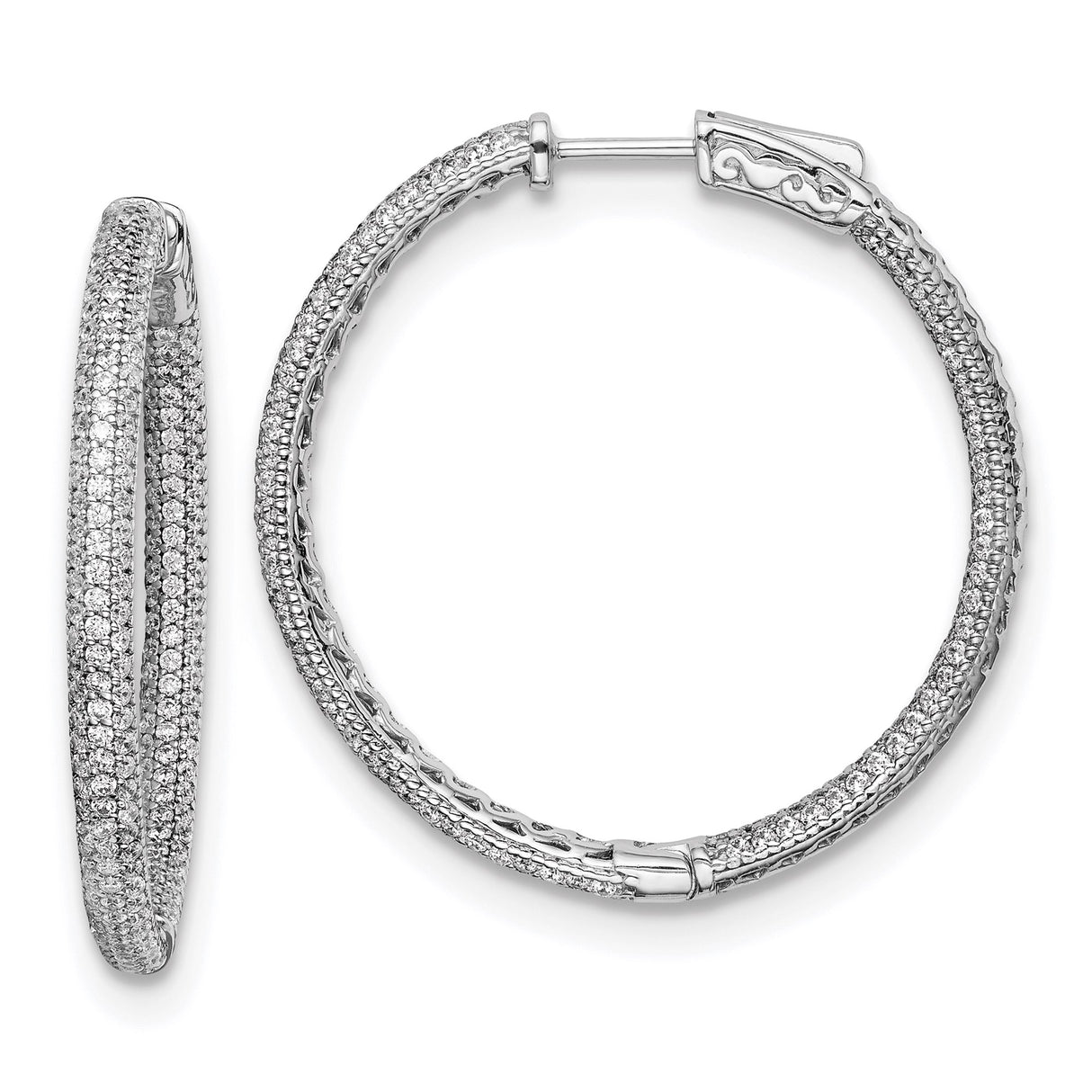 Sterling Silver Hoop Earrings with Triple-Row Pavé Cubic Zirconia and Inner Edge Detailing
