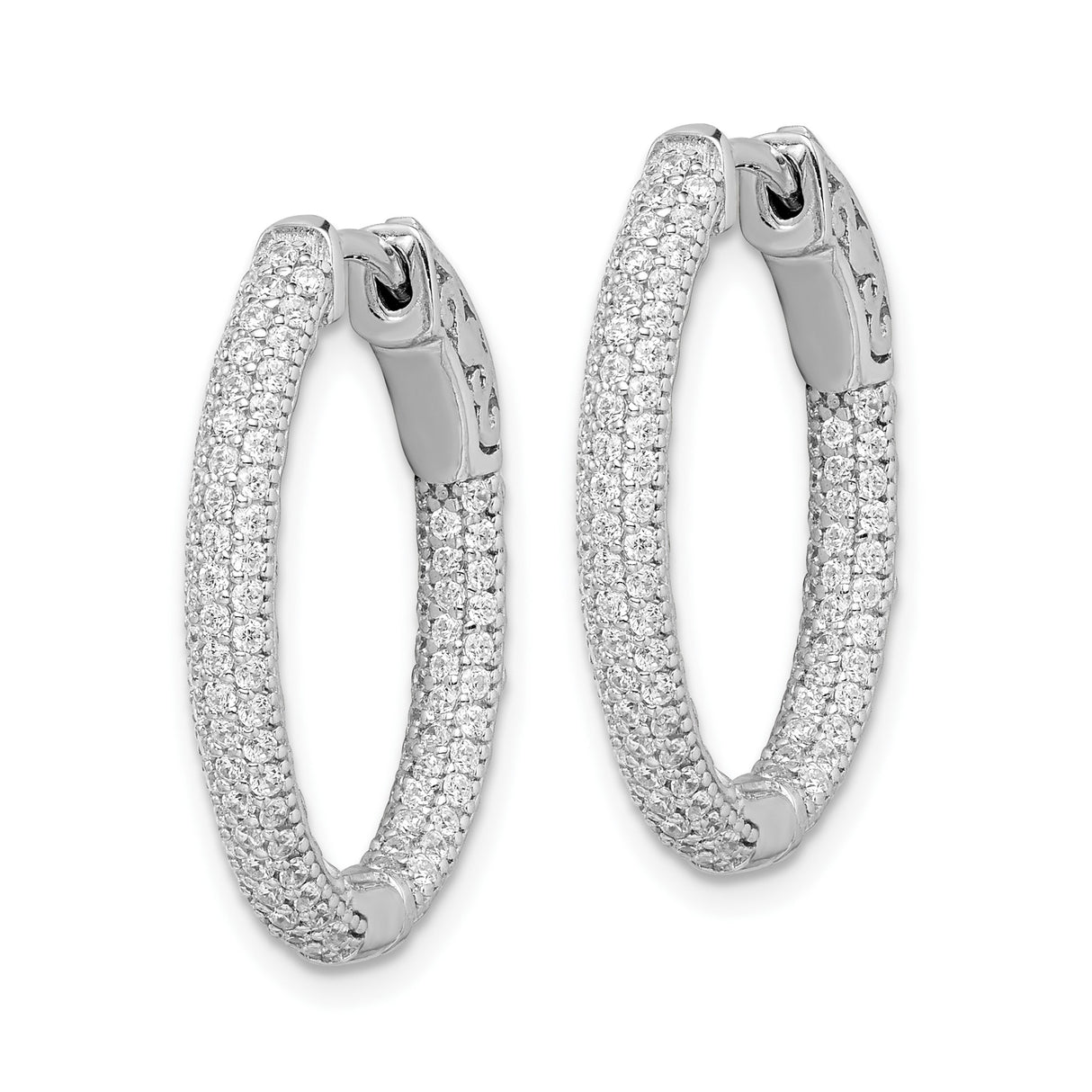 Sterling Silver Hoop Earrings with Cubic Zirconia, Filigree Detail, Milgrain Edge, Oval Design