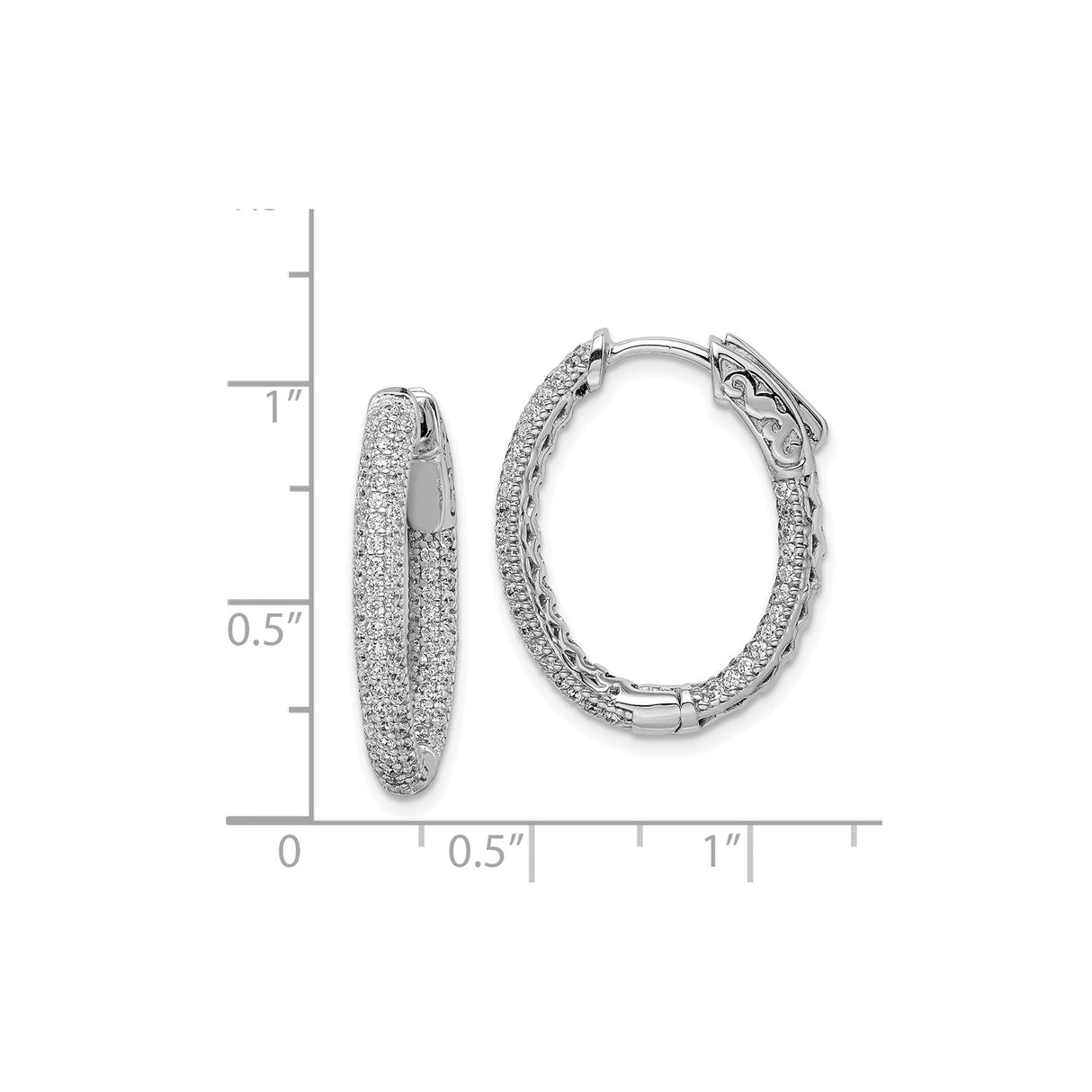 Sterling Silver Hoop Earrings with Cubic Zirconia, Filigree Detail, Milgrain Edge, Oval Design