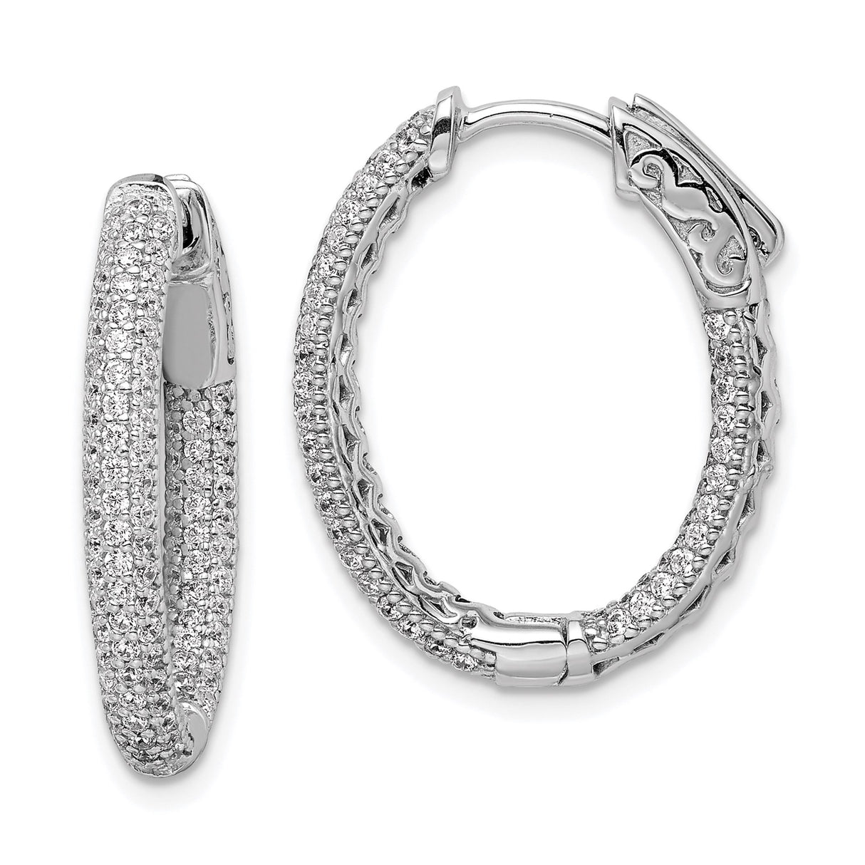Sterling Silver Hoop Earrings with Cubic Zirconia, Filigree Detail, Milgrain Edge, Oval Design