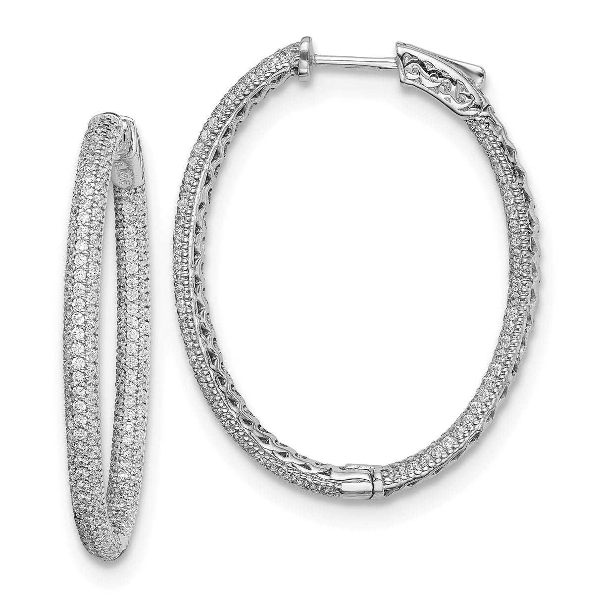 Sterling Silver Oval Hoop Earrings with Cubic Zirconia, Intricate Pavé Design