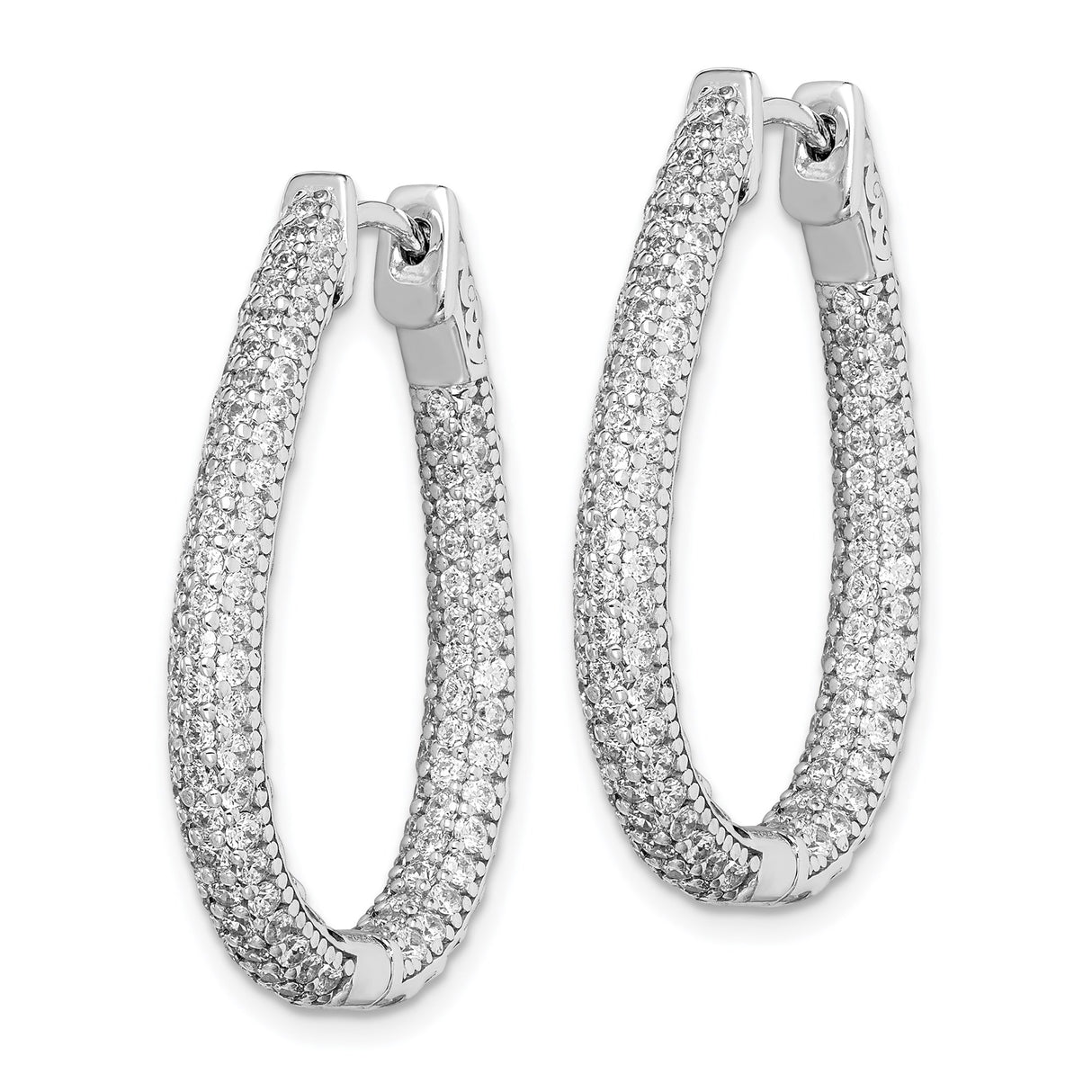 Sterling Silver Oval Hoop Earrings with Cubic Zirconia Pavé, Contemporary Formal Design