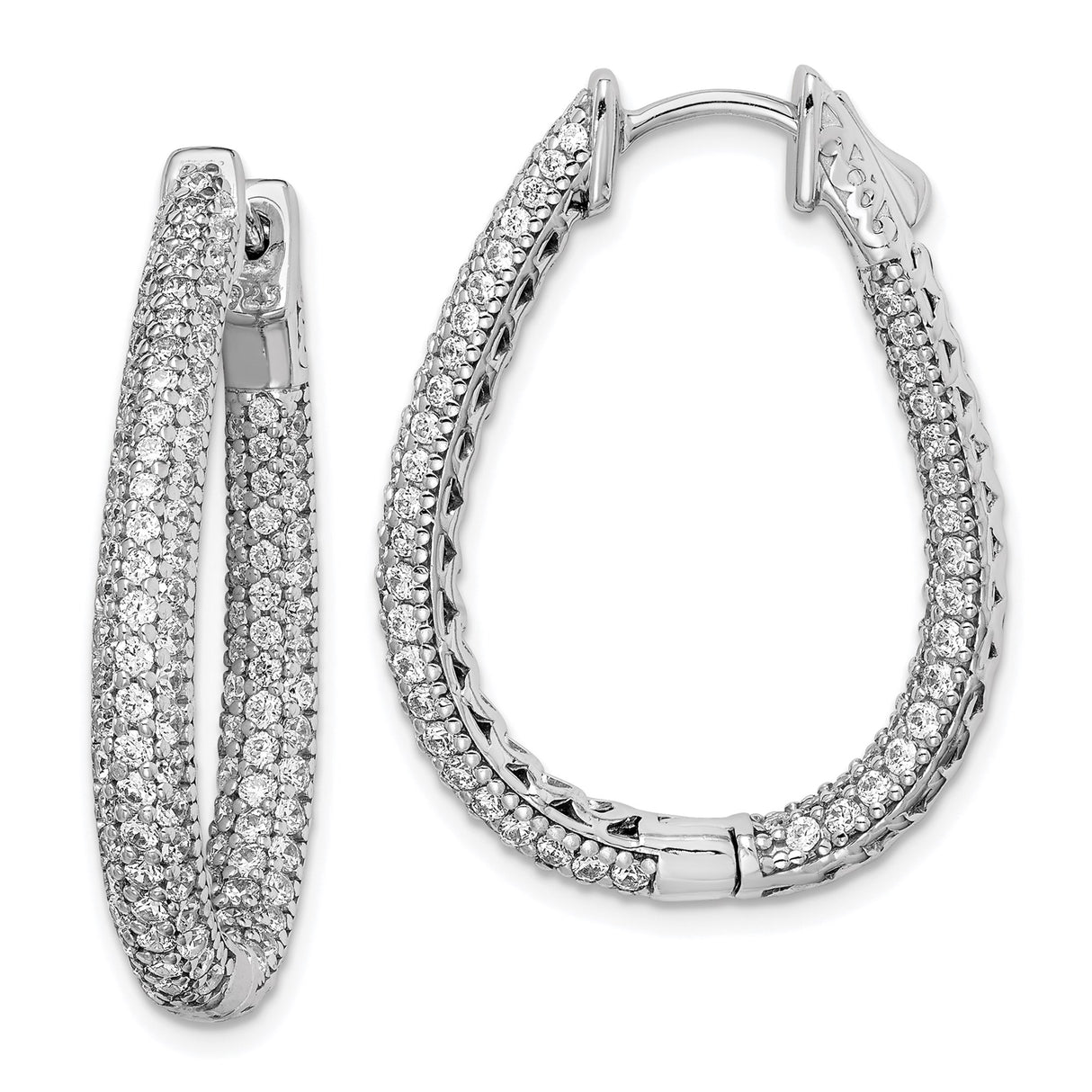 Sterling Silver Oval Hoop Earrings with Cubic Zirconia Pavé, Contemporary Formal Design