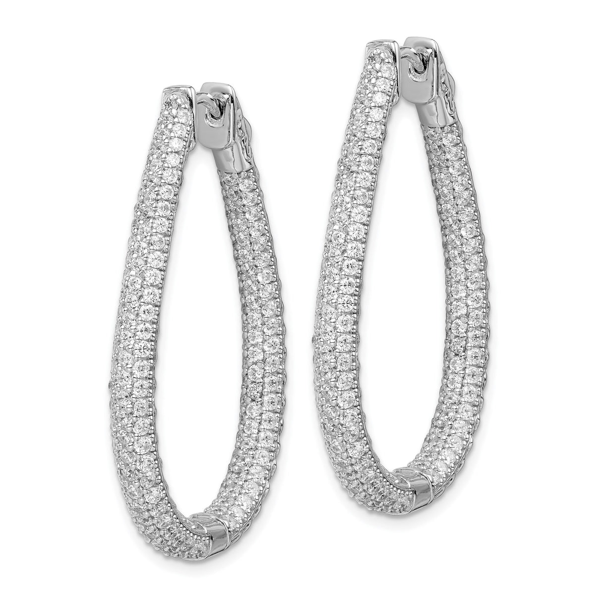 Sterling Silver Teardrop Hoop Earrings with Double Row Pavé Cubic Zirconia Hinged Design