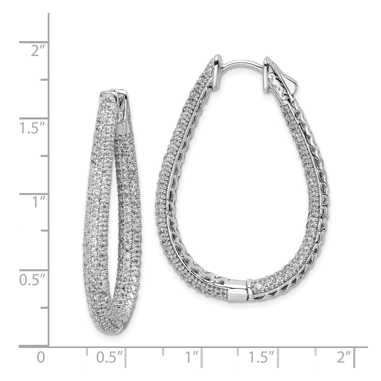 Sterling Silver Teardrop Hoop Earrings with Double Row Pavé Cubic Zirconia Hinged Design