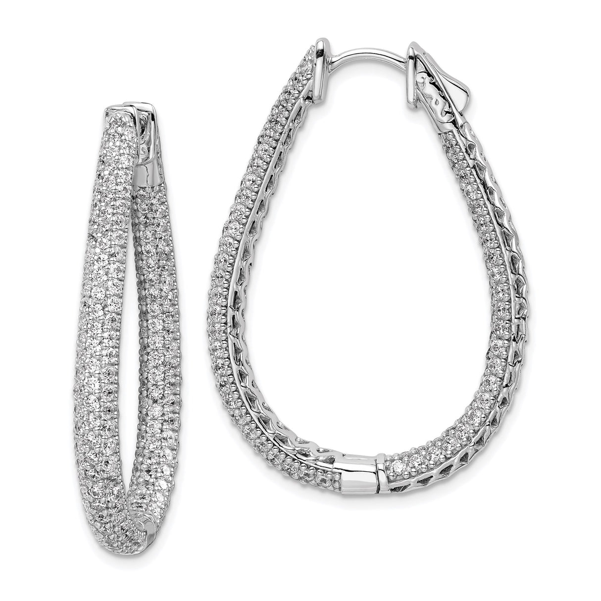 Sterling Silver Teardrop Hoop Earrings with Double Row Pavé Cubic Zirconia Hinged Design