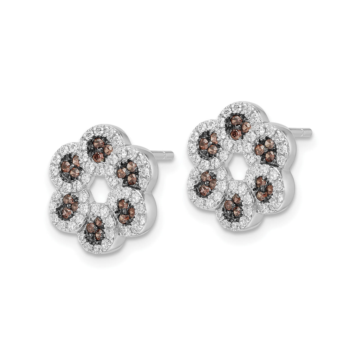 Sterling Silver Flower Stud Earrings with Brown and White Cubic Zirconia Floral Design