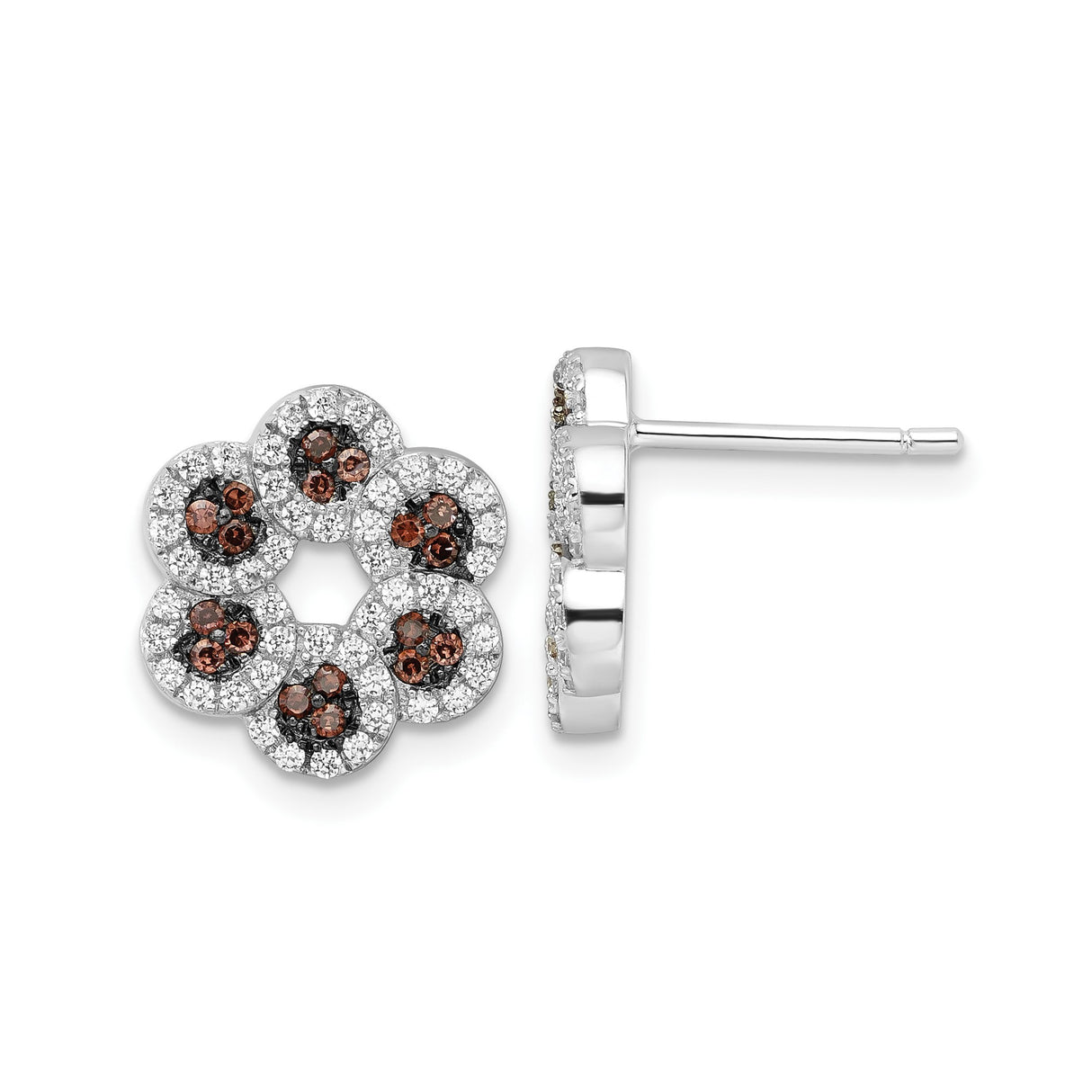 Sterling Silver Flower Stud Earrings with Brown and White Cubic Zirconia Floral Design