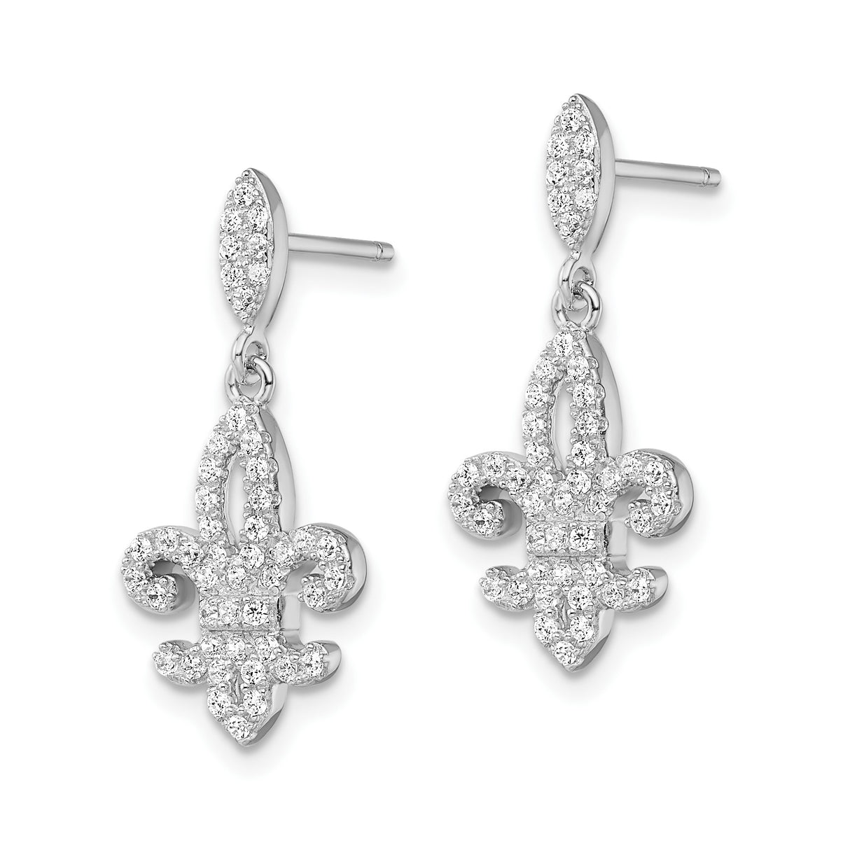 Sterling Silver Dangle Earrings with Cubic Zirconia Fleur de Lis Design for Women