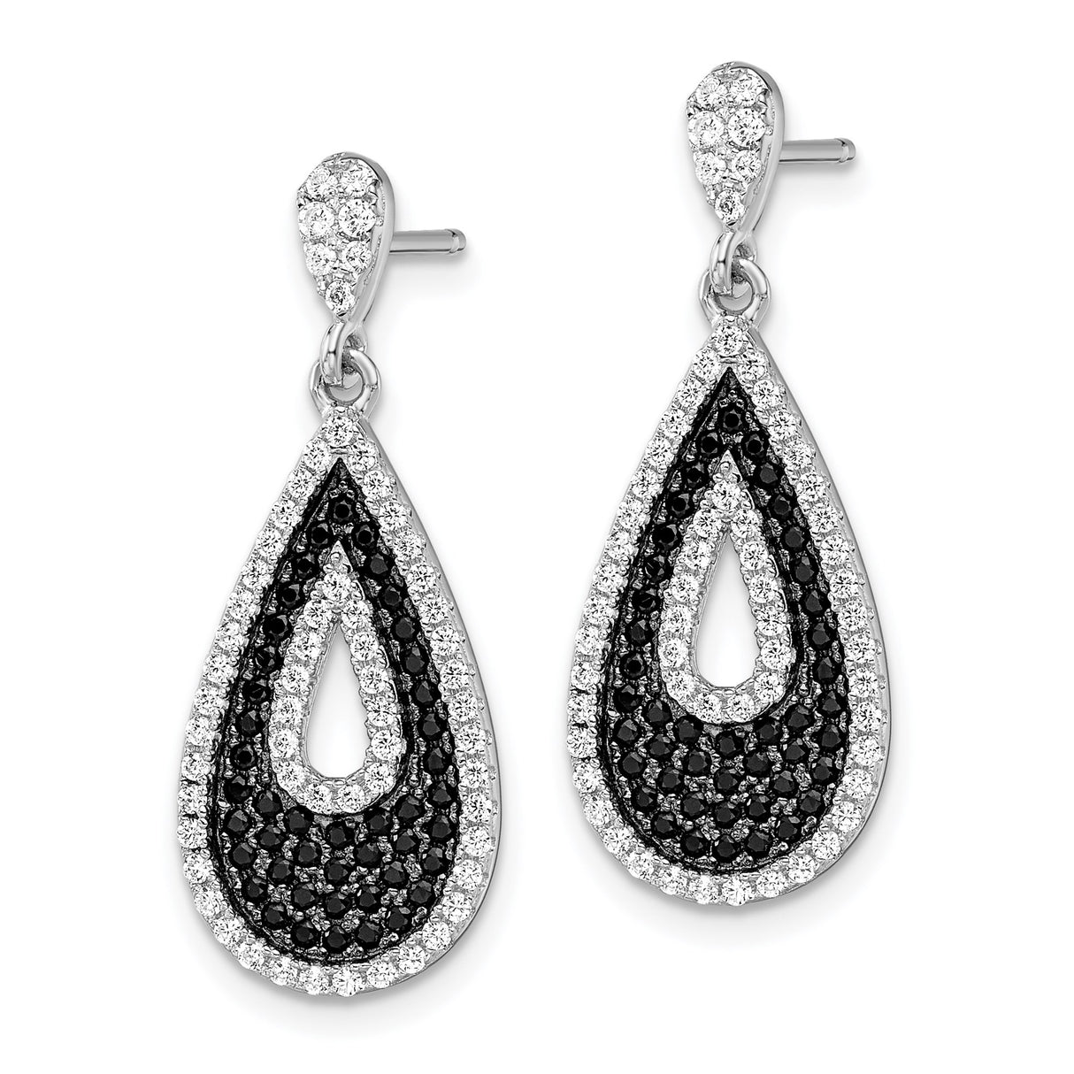 Sterling Silver Teardrop Dangle Earrings with Black and White Cubic Zirconia Open Drop Design