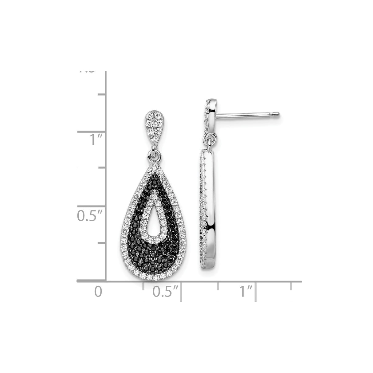Sterling Silver Teardrop Dangle Earrings with Black and White Cubic Zirconia Open Drop Design