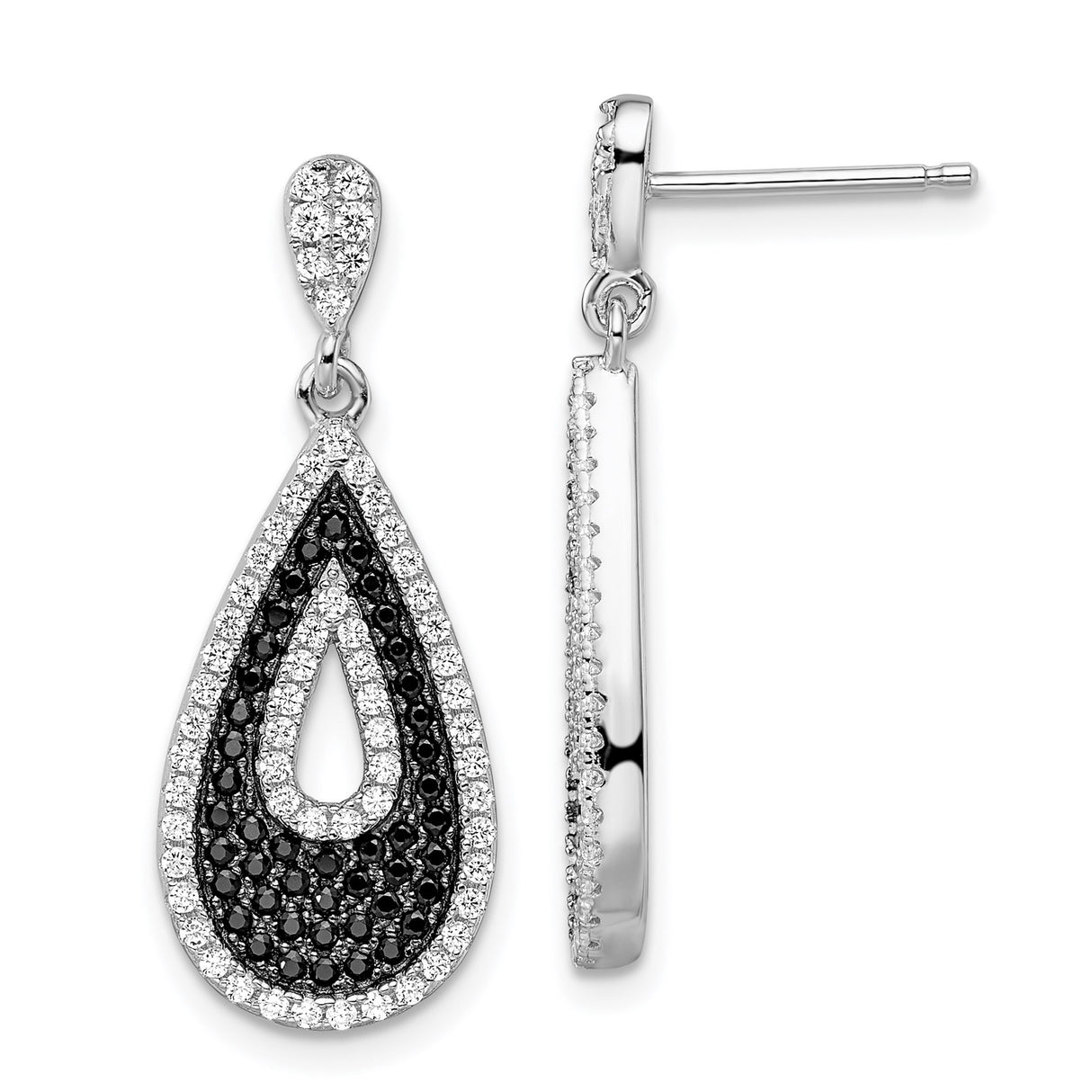 Sterling Silver Teardrop Dangle Earrings with Black and White Cubic Zirconia Open Drop Design