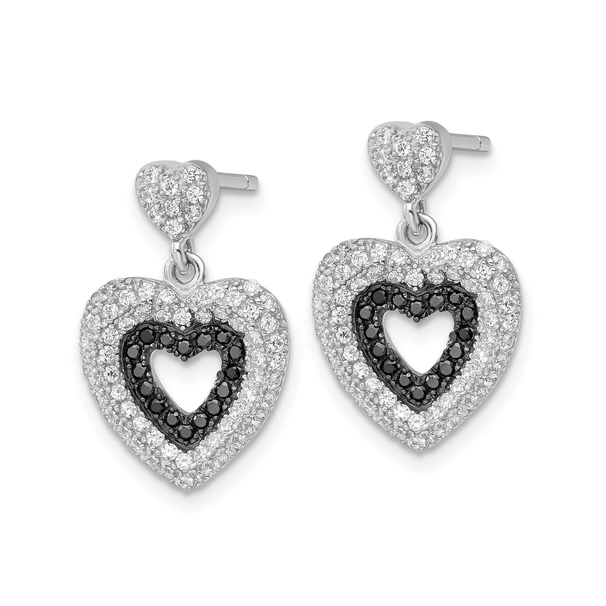 Sterling Silver Heart Dangle Earrings with Black and White Cubic Zirconia