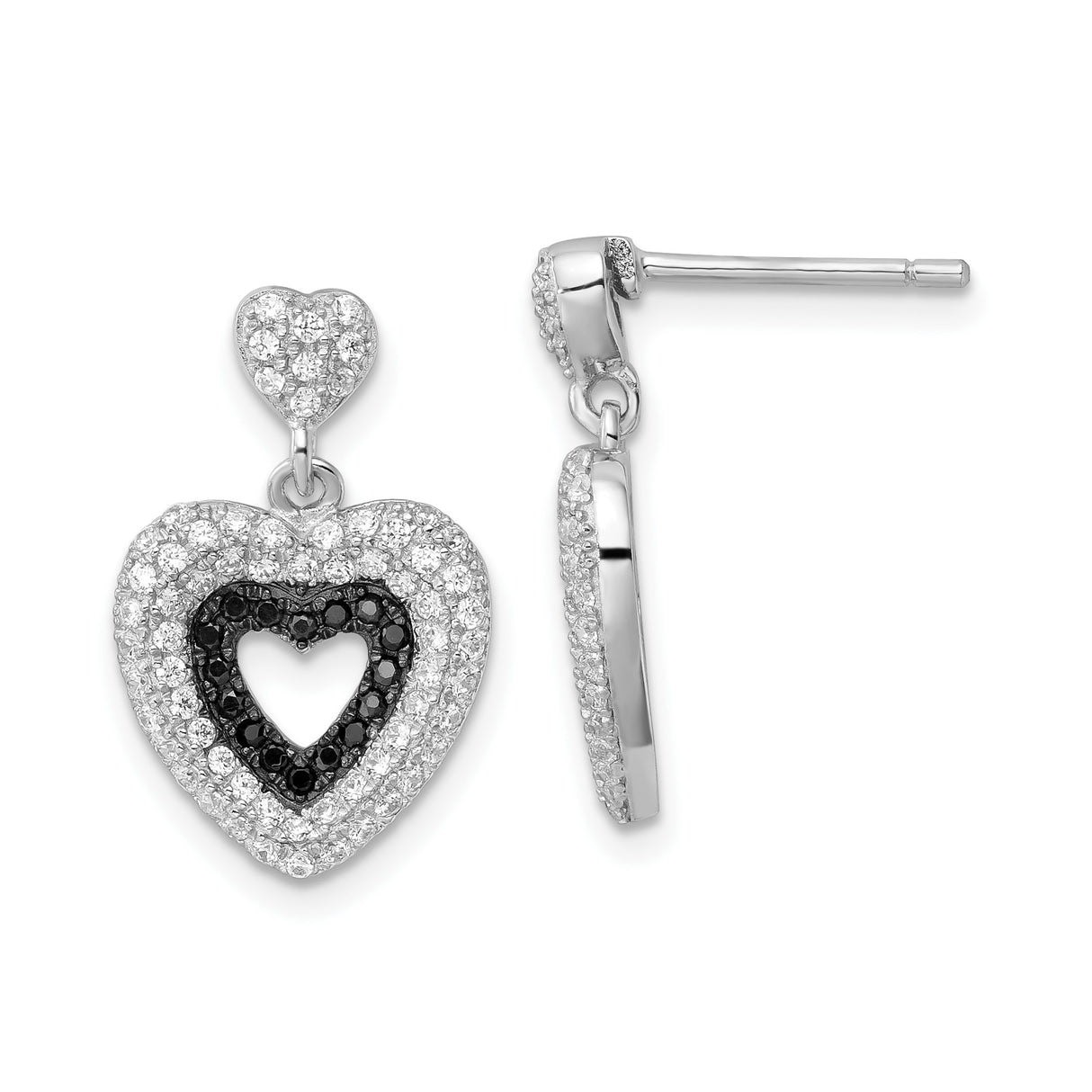 Sterling Silver Heart Dangle Earrings with Black and White Cubic Zirconia