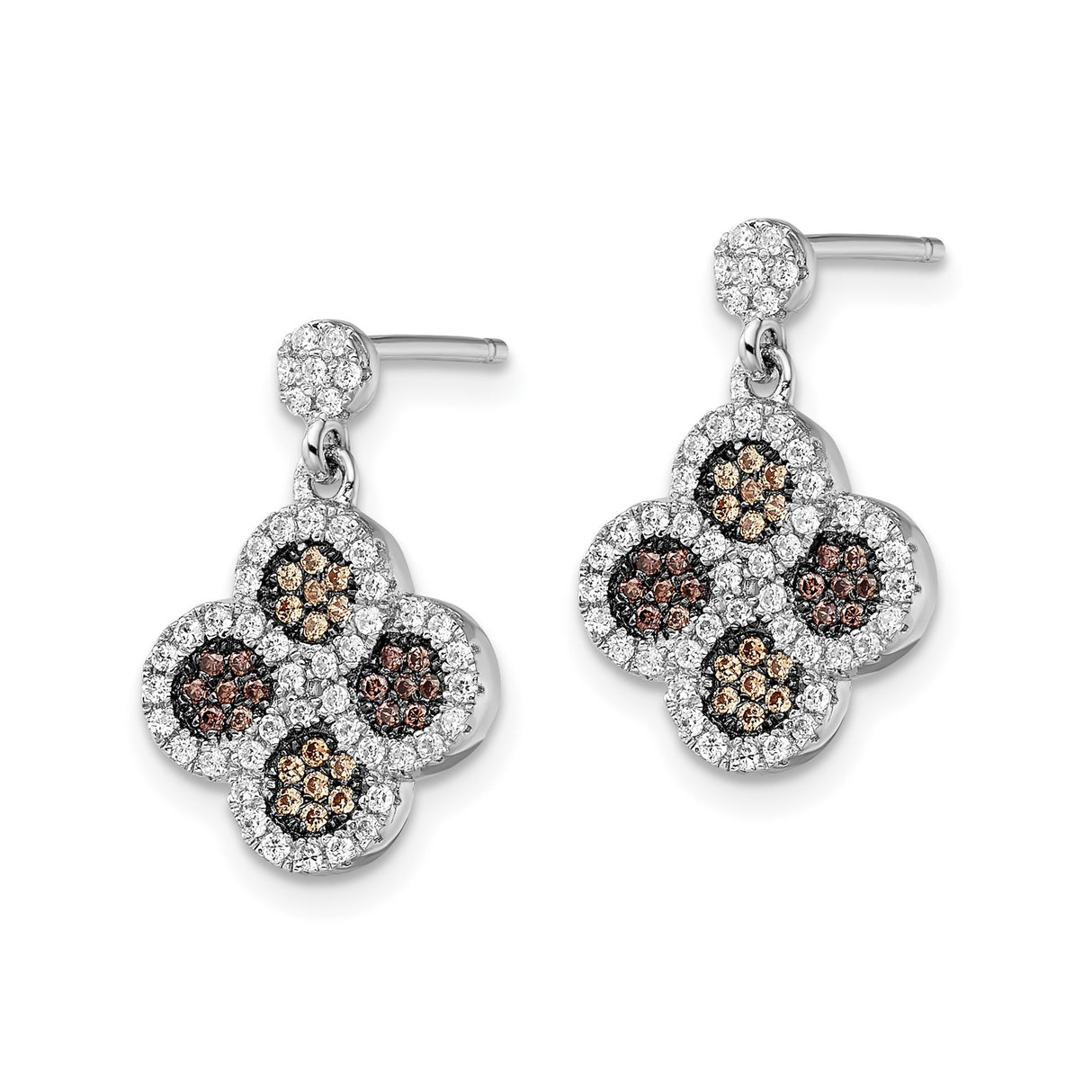 Sterling Silver Dangle Earrings with Cubic Zirconia, Quatrefoil Flower Design