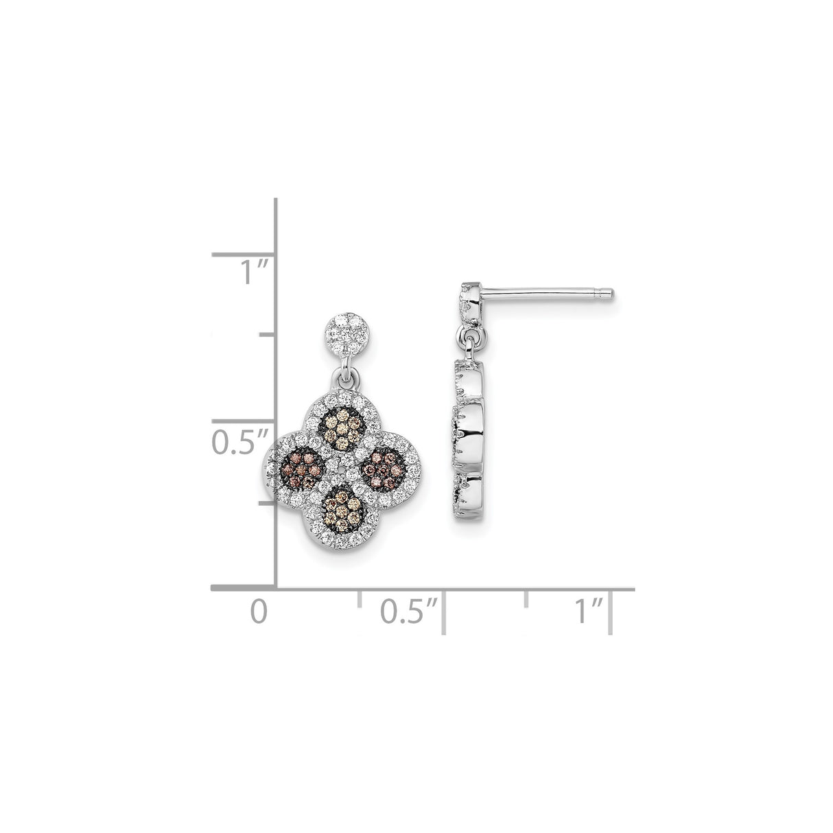 Sterling Silver Dangle Earrings with Cubic Zirconia, Quatrefoil Flower Design