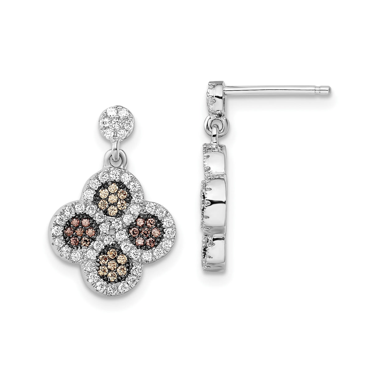 Sterling Silver Dangle Earrings with Cubic Zirconia, Quatrefoil Flower Design