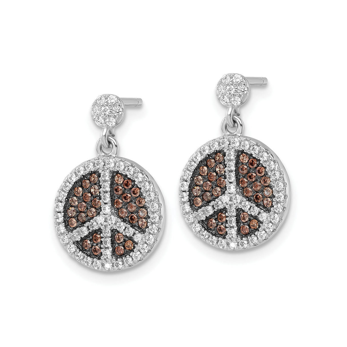 Sterling Silver Drop Earrings with Cubic Zirconia, Peace Symbol Boho Spiritual Jewelry