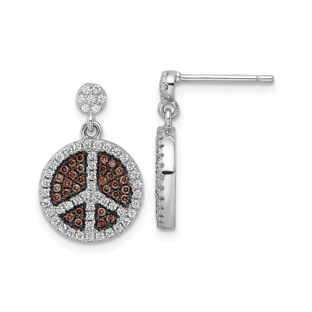 Sterling Silver Drop Earrings with Cubic Zirconia, Peace Symbol Boho Spiritual Jewelry