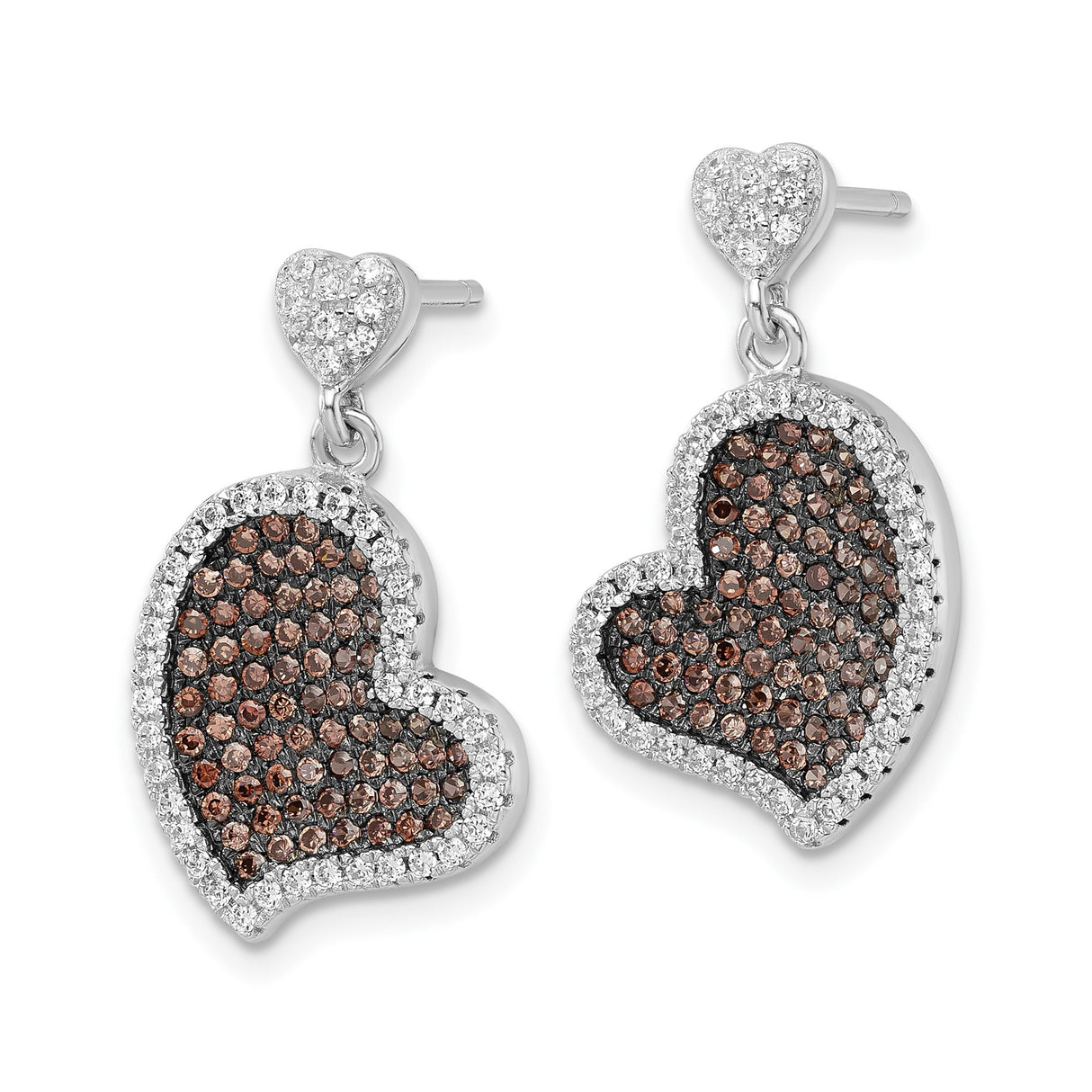 Sterling Silver Heart Drop Earrings with Brown and White Cubic Zirconia, Double Heart Design