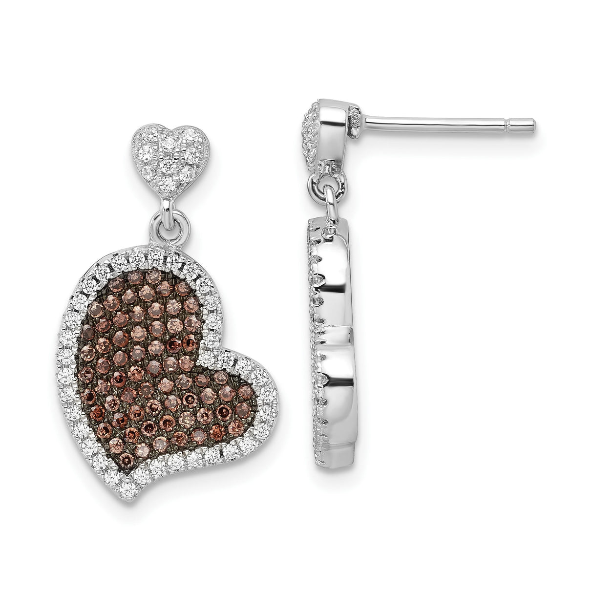 Sterling Silver Heart Drop Earrings with Brown and White Cubic Zirconia, Double Heart Design