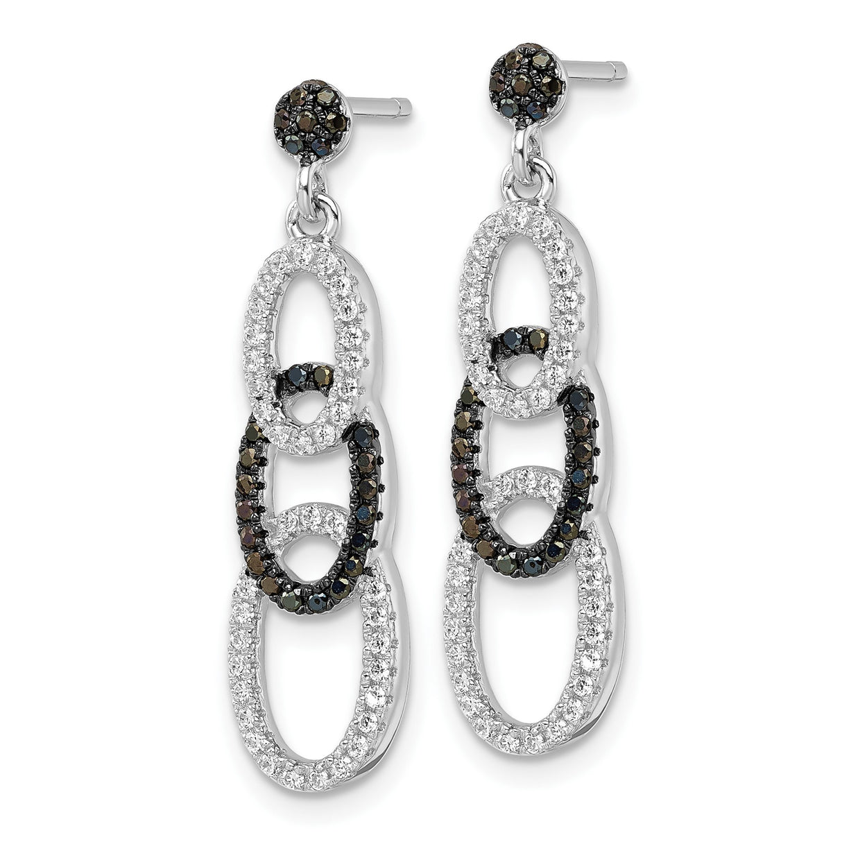 Sterling Silver Dangle Earrings with Black and White Cubic Zirconia, Interlocking Oval Design