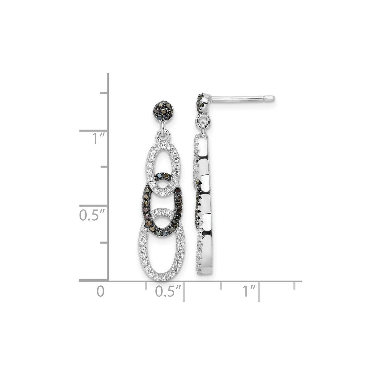 Sterling Silver Dangle Earrings with Black and White Cubic Zirconia, Interlocking Oval Design