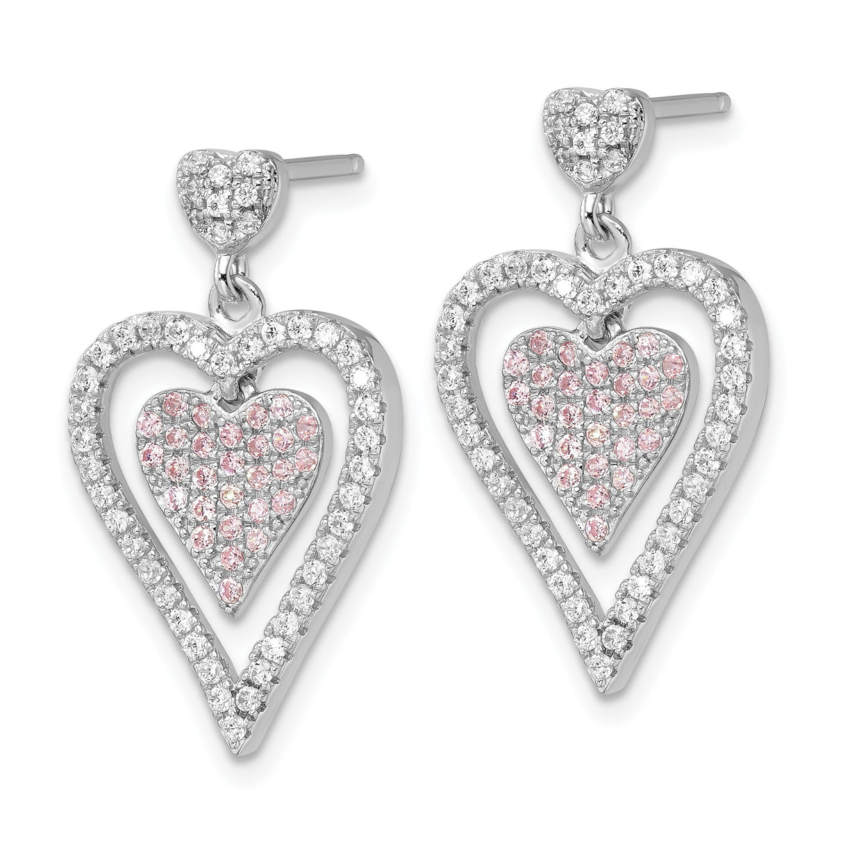 Sterling Silver Double Heart Drop Earrings with White and Light Pink Cubic Zirconia
