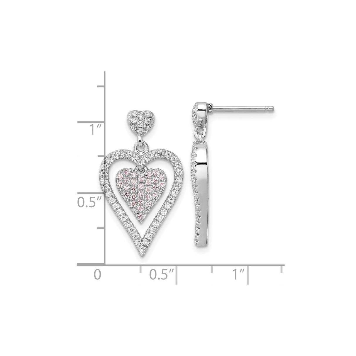 Sterling Silver Double Heart Drop Earrings with White and Light Pink Cubic Zirconia