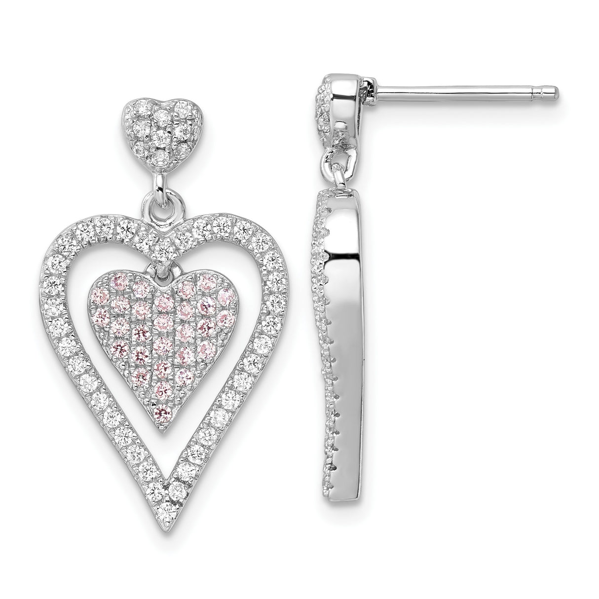 Sterling Silver Double Heart Drop Earrings with White and Light Pink Cubic Zirconia