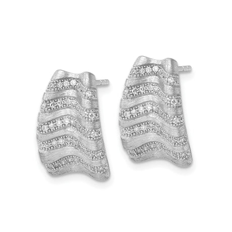 Sterling Silver Stud Earrings with Cubic Zirconia, Wave Pattern and Textured Design