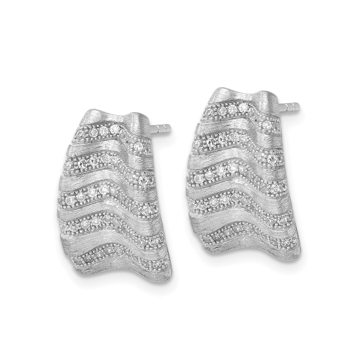 Sterling Silver Stud Earrings with Cubic Zirconia, Wave Pattern and Textured Design