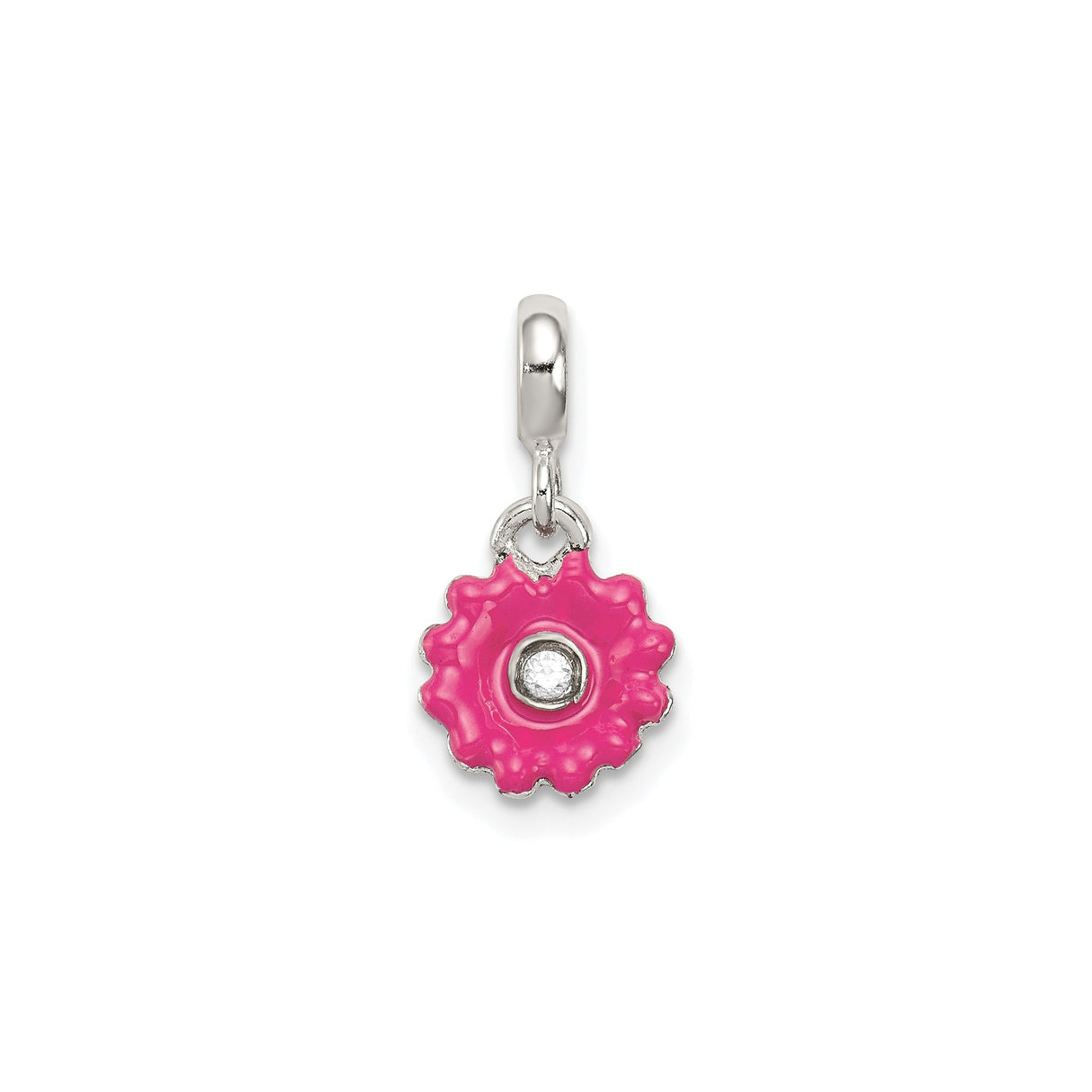 Sterling Silver Floral Charm Pendant with Pink Enamel Flower and Cubic Zirconia