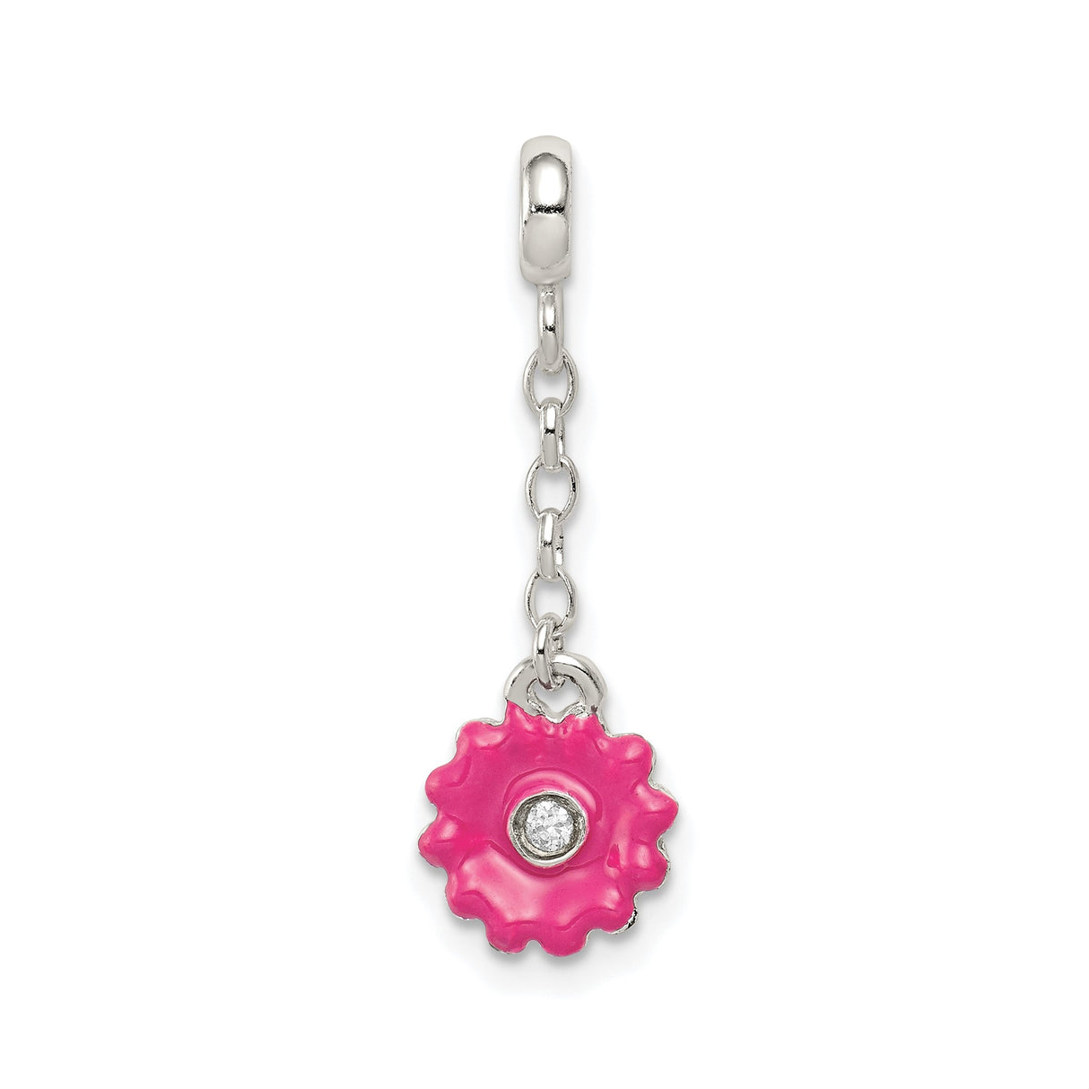 Sterling Silver Flower Charm with Cubic Zirconia, Pink Enamel Dangle, Spring Floral Theme