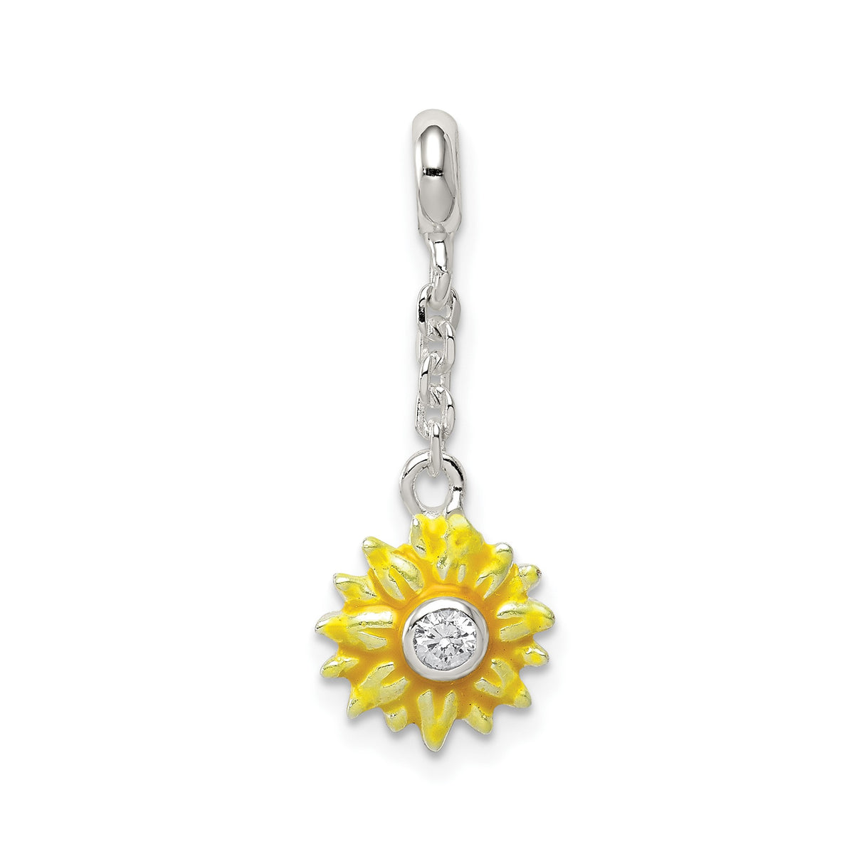 Sterling Silver Sunflower Pendant with Cubic Zirconia and Yellow Enamel Flower Charm