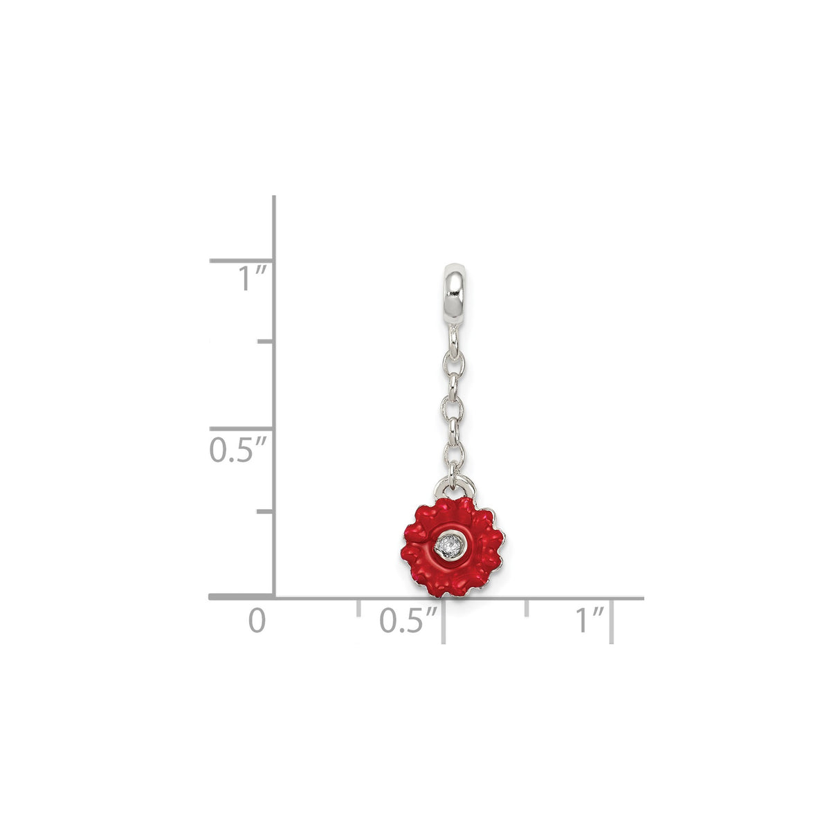 Sterling Silver Flower Dangle Charm with Cubic Zirconia, Red Enamel, Floral Jewelry Design