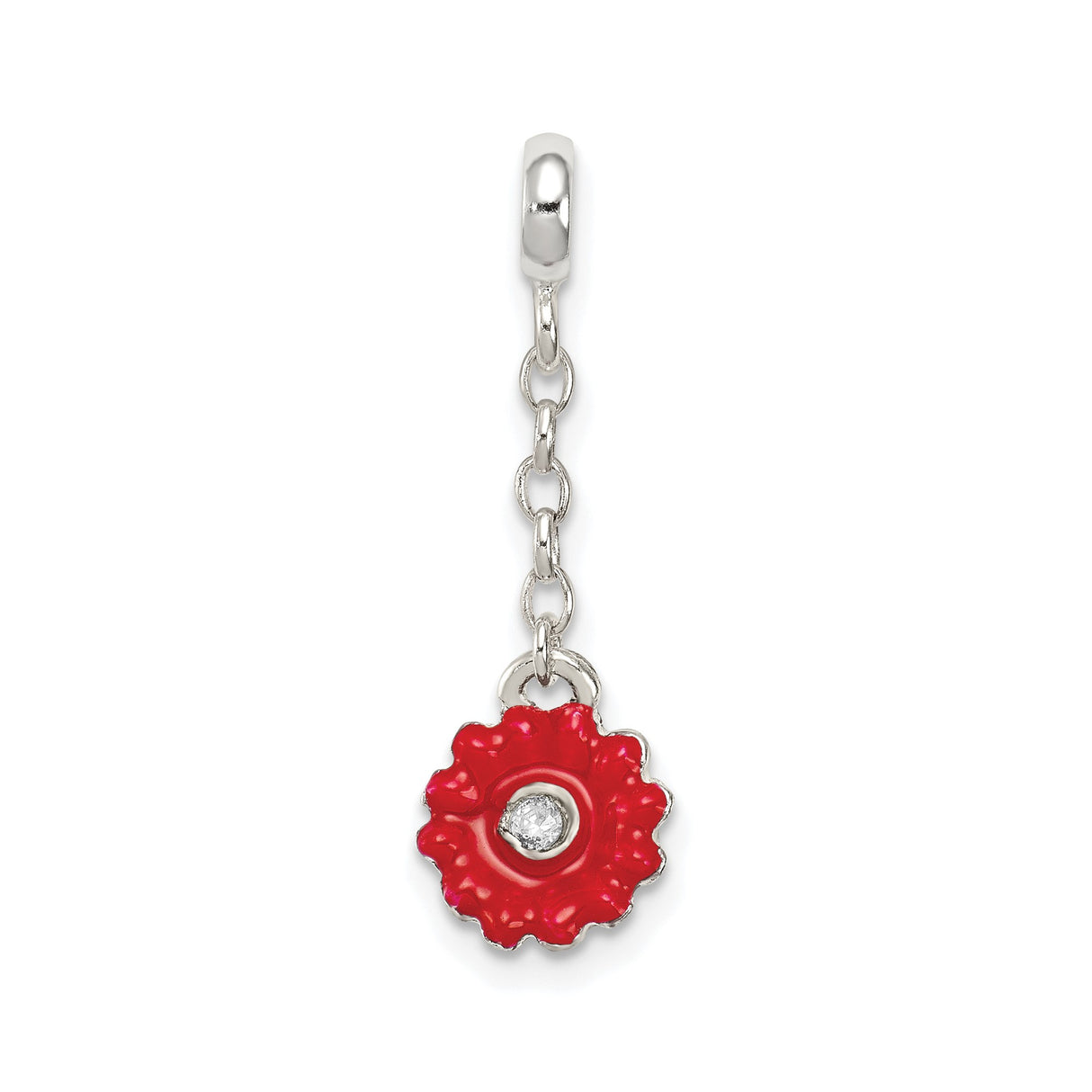 Sterling Silver Flower Dangle Charm with Cubic Zirconia, Red Enamel, Floral Jewelry Design