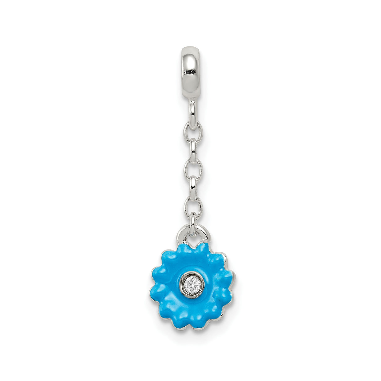 Sterling Silver Flower Dangle Charm with Blue Enamel and Cubic Zirconia Accent