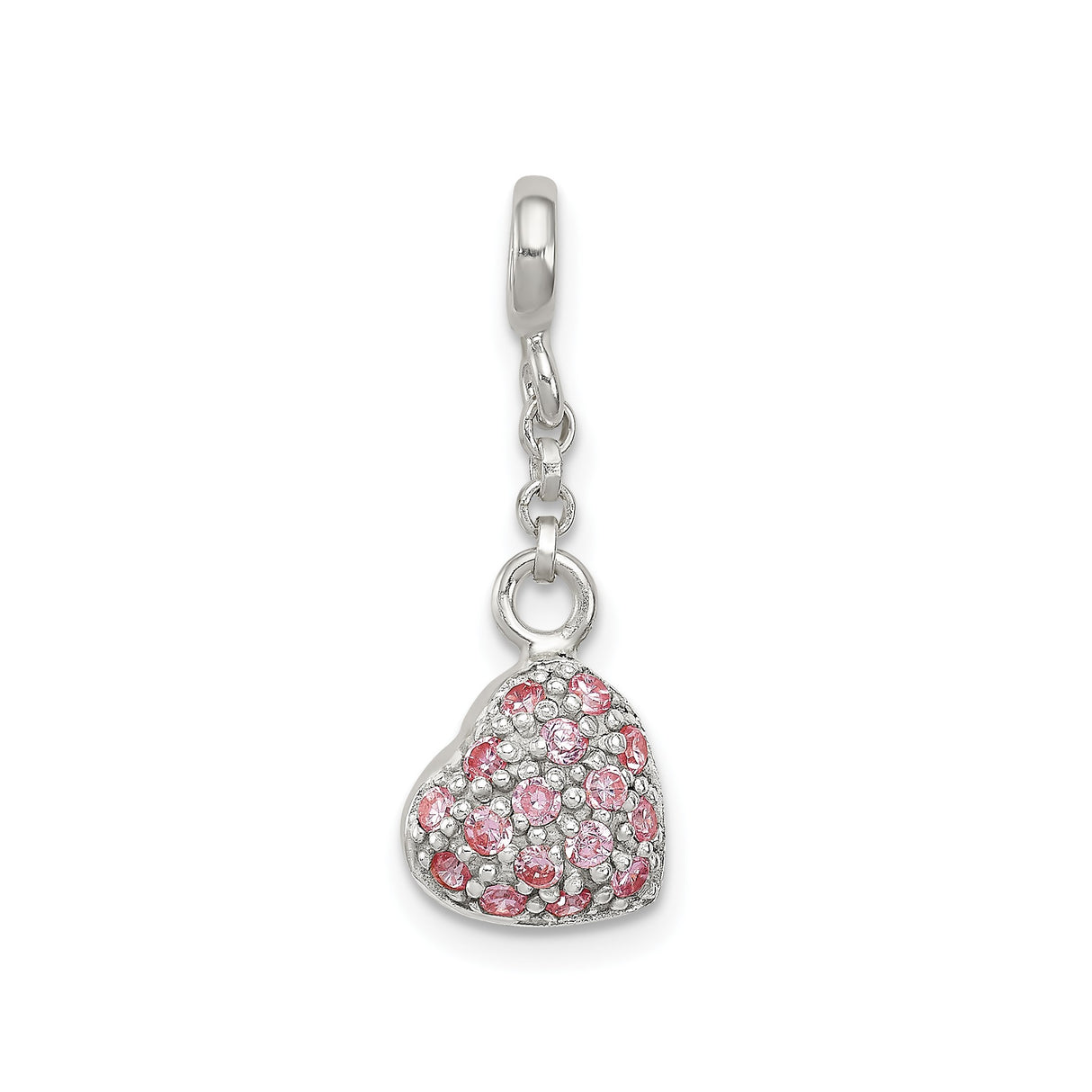 Sterling Silver Heart Charm with Pink Cubic Zirconia, Romantic Dangle Pendant for Women