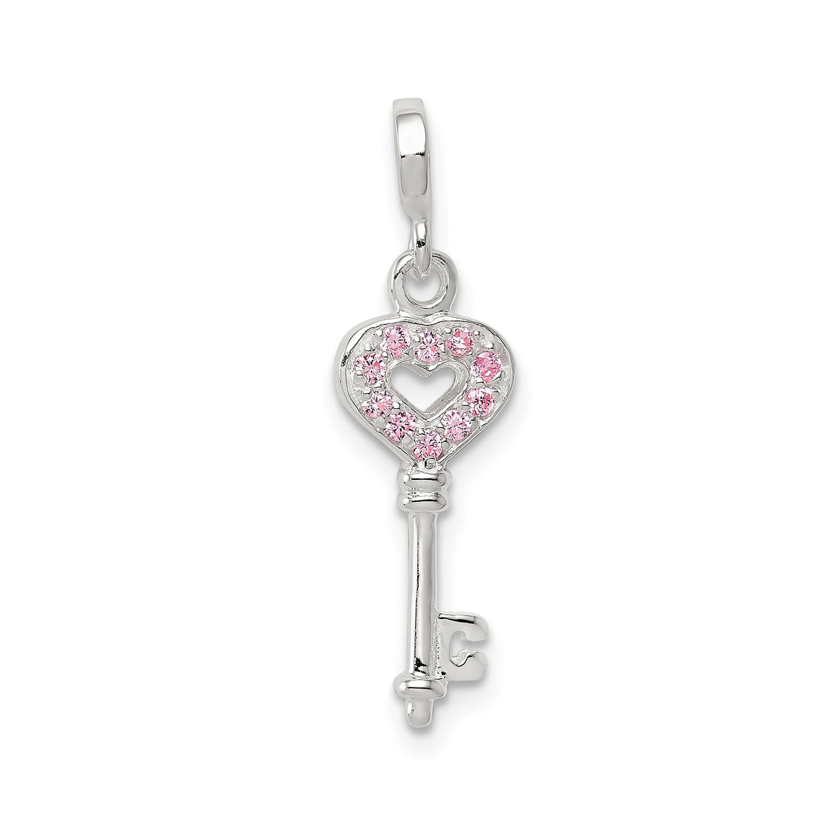Sterling Silver Heart Key Pendant with Pink Cubic Zirconia, Romantic Love Jewelry for Women