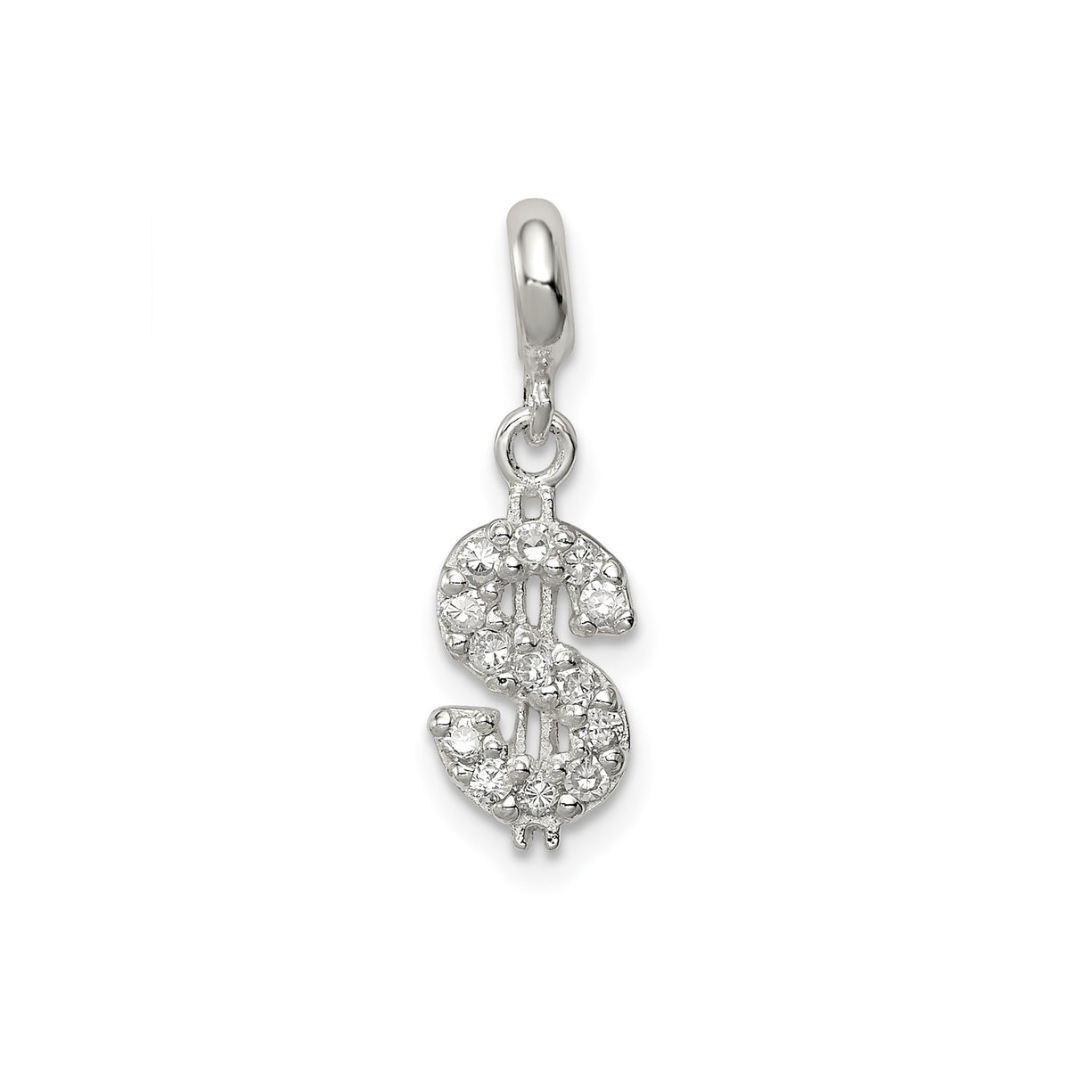 Sterling Silver Dollar Sign Pendant with Cubic Zirconia, Iced Out Money Symbol Charm