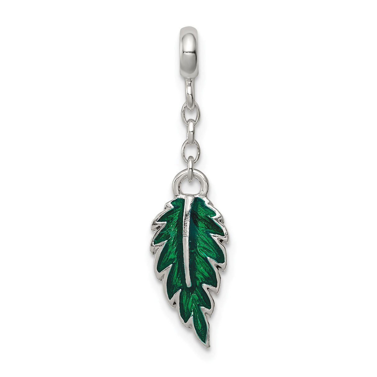 Sterling Silver Leaf Dangle Charm with Green Enamel, Botanical Nature-Inspired Design