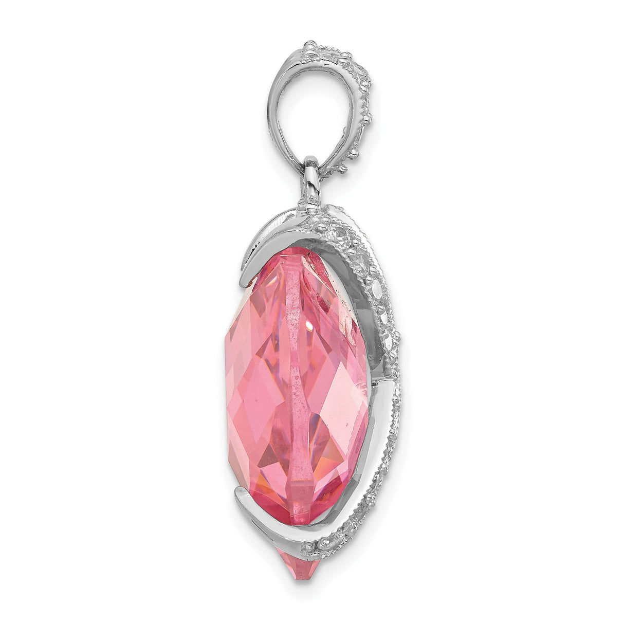 Sterling Silver Heart Pendant with Pink Crystal and Cubic Zirconia Pavé Ribbon Design
