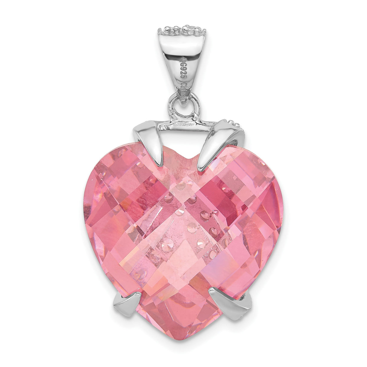Sterling Silver Heart Pendant with Pink Crystal and Cubic Zirconia Pavé Ribbon Design