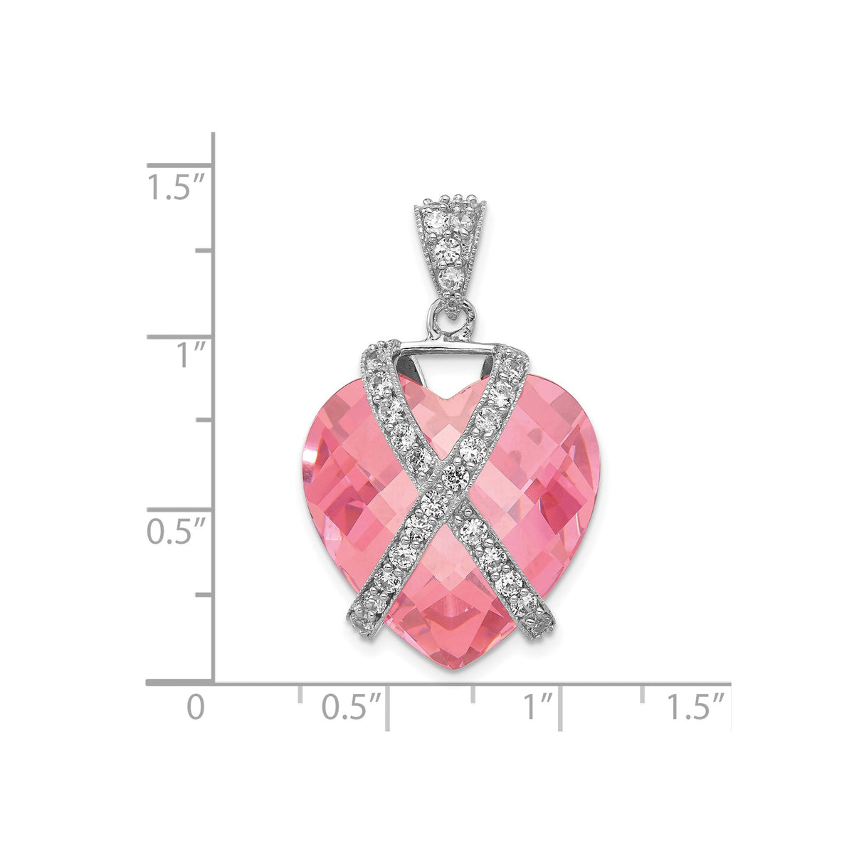 Sterling Silver Heart Pendant with Pink Crystal and Cubic Zirconia Pavé Ribbon Design