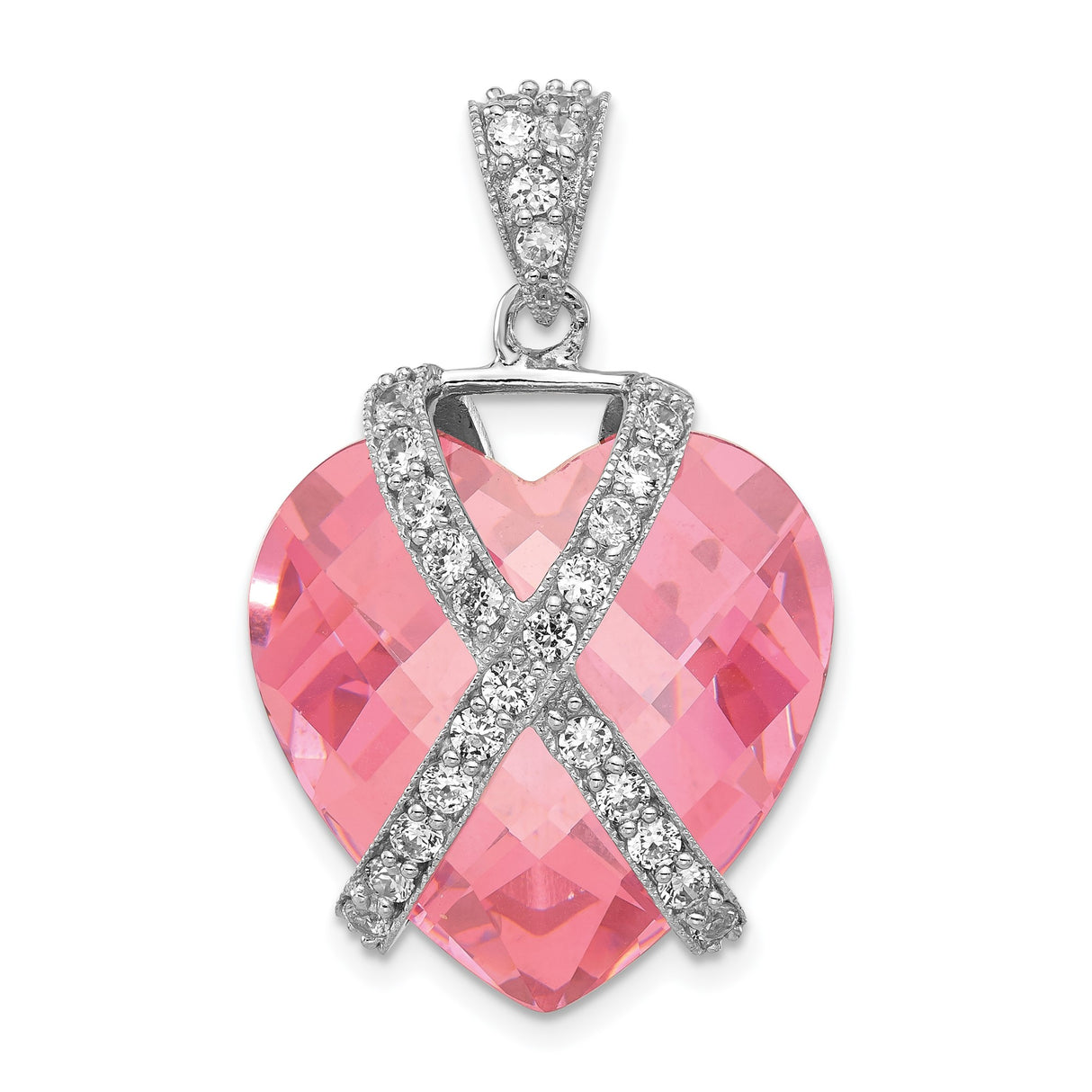 Sterling Silver Heart Pendant with Pink Crystal and Cubic Zirconia Pavé Ribbon Design
