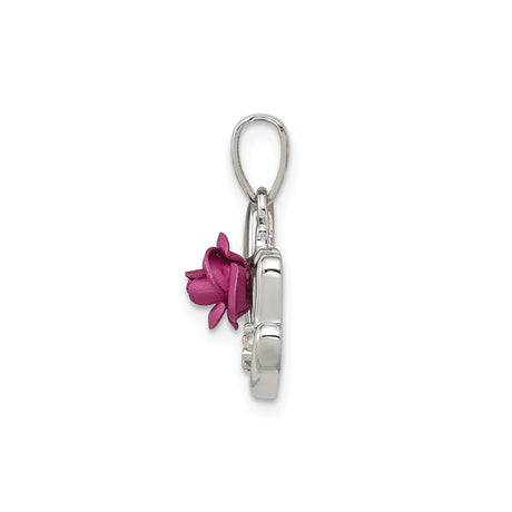 Sterling Silver Mom Pendant with Cubic Zirconia, Pink Rose and Heart Design