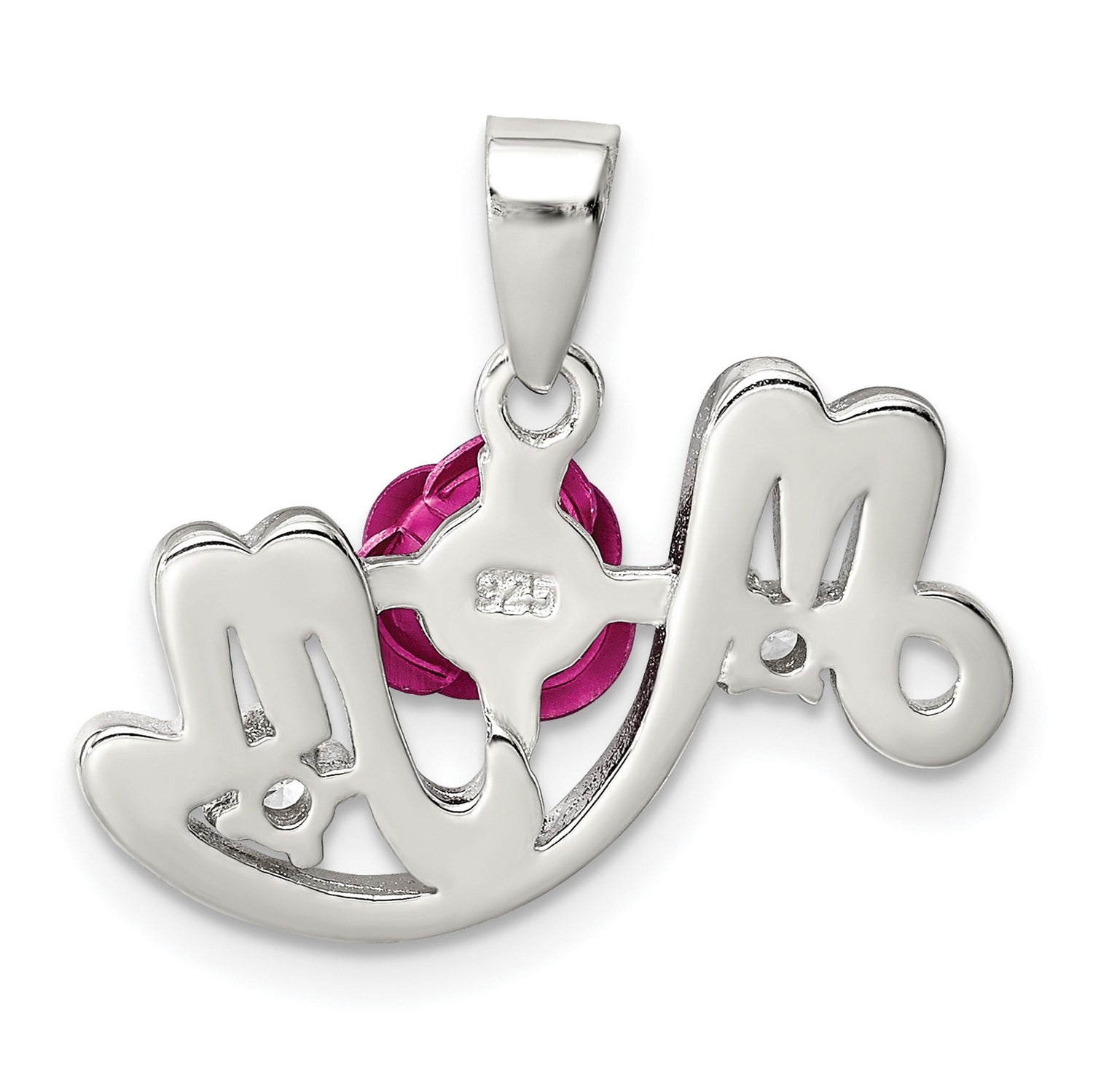 Sterling Silver Mom Pendant with Cubic Zirconia, Pink Rose and Heart Design